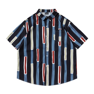 TRAVEL ISLAND 条条框框 美式复古设计感拼色条纹宽松短袖衬衫