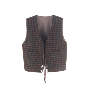 wana try羊毛复古格纹蕾丝拼接马甲25冬季新品咖色时髦韩系上衣女