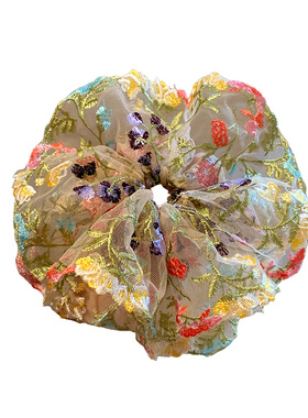 新中式花朵刺绣网纱双层大肠发圈