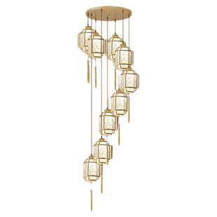 新中式楼梯间吊灯复式旋转楼梯长线吊线灯刺绣复古餐吊灯中山灯具