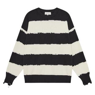 CLIMAX VISION可机洗条纹圆领套头破洞毛衣美式复古休闲针织衫