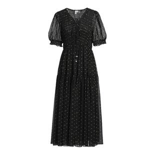 红袖波点字母印花裙夏季新款女装木耳边拼接泡泡袖V领连衣裙