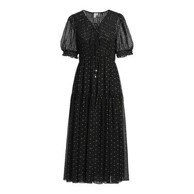 红袖波点字母印花裙夏季新款女装木耳边拼接泡泡袖V领连衣裙