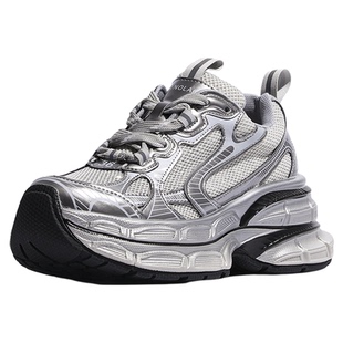 双层巴黎老爹鞋女款2026新款厚底松糕小个子休闲运动鞋银色女鞋