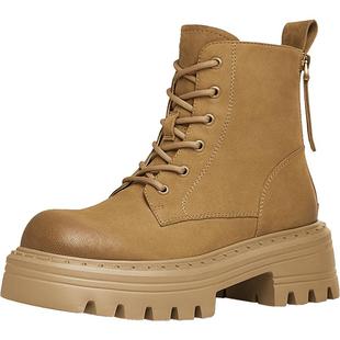 天美意厚底加绒马丁靴户外工装靴大黄靴女鞋子复古短靴冬新款