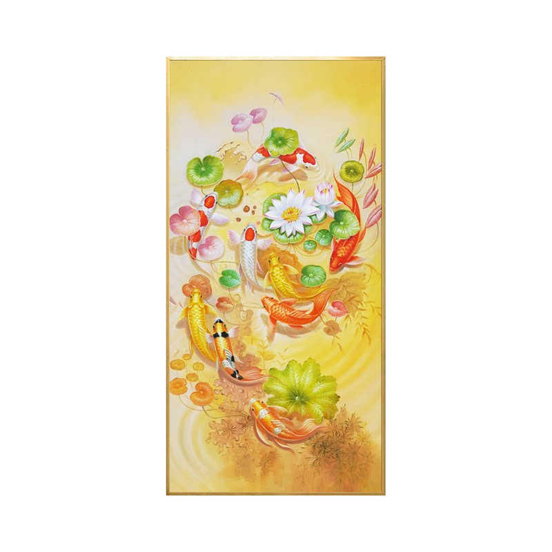 九鱼图锦鲤时来运转纯手绘油画中古风玄关入户荷花招财轻奢挂画