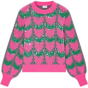 Juicy Couture橘滋针织衫女玫红撞色波浪亮片提花圆领毛衣上衣