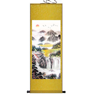 福地安居图 改善风水画 瀑布山水复古玄关客厅装饰画丝绸画卷轴画