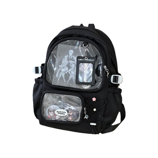 黑色痛包双肩女生大容量带透明层背包娃包肩包初中生小食量书包女