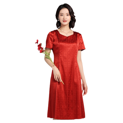 弹力桑蚕丝短袖喜庆婚宴连衣裙