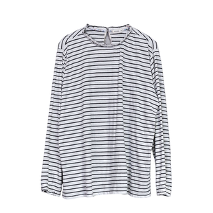 雨文她城原创女100%长绒棉黑白条纹花边领文艺简约随性T恤