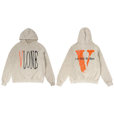 VLONE破坏大Logo印花 水洗宽松连帽卫衣 情侣款 米色 黑色