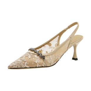 哈森优雅风网纱尖头后空凉鞋女细跟水钻高跟鞋2026新款HWM260111