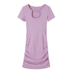 镂空U领性感包臀连衣裙短款夏季抽褶超显身材低胸修身显瘦裙子女