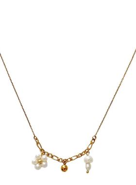 天然珍珠花朵蘑菇不褪色钛钢项链