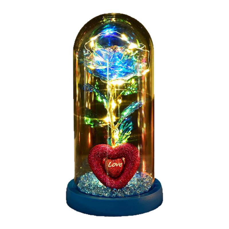 永生玫瑰花玻璃罩情人节礼品生日礼物七彩金箔花彩金仿真带灯摆件