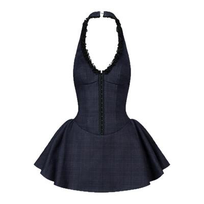 【李一桐同款】LSOUL 深蓝色挂脖式连衣裙格纹露背收腰蓬蓬裙摆