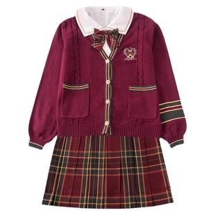 lF原创圣诞小熊新年JK套装日系学院风制服红色毛衣开衫女外套秋冬