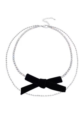 黑色丝绒蝴蝶结设计感双层项链日韩ins锁骨链女百搭闺蜜叠戴颈链