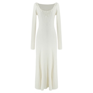 SYT自制 高端气质蕾丝花朵拼接长袖A字修身显身材套头针织连衣裙