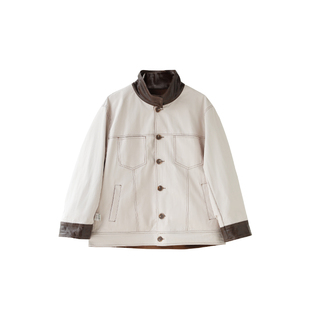 印计谷羽 浅粉色外套女款春季两面穿棕色麂皮绒拼接撞色立领夹克