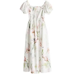 HM女装花卉连衣裙春季花朵泡泡一字肩短袖植物印花长裙1230970