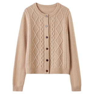 思诺芙德100%山羊绒开衫女重磅绞花厚外套秋冬新款圆领针织红毛衣