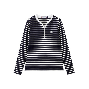 ELLE Active简约休闲打底衫时尚设计Y型领条纹长袖t恤女上衣修身