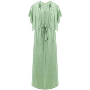 [断码清仓]COCOBELLA针织提花荷叶边连衣裙度假风V领茶歇裙FR115