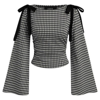 CIDER船领格纹蝴蝶结褶皱设计喇叭长袖衬衫女113922543