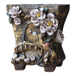 青藤手捏陶多肉花盆法师缀化老桩高盆麦饭石透气复古装饰土陶盆具