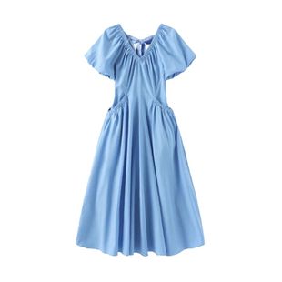 周也明星同款蓝色V领连衣裙女夏季新款收腰显瘦度假风泡泡袖裙子