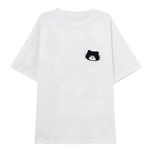森女部落可爱猫咪休闲宽松白色短袖T恤女夏情侣装设计感小众上衣