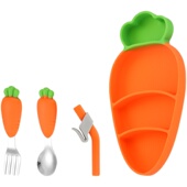 宝宝餐盘吸盘一体式 分格盘婴儿童硅胶吸管碗吃饭餐具辅食碗勺套装