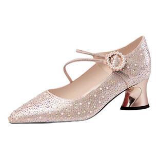 珍珠水钻尖头中跟单鞋女粗跟2026春夏新款时尚交叉扣带浅口女鞋子