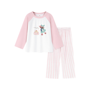 芬腾女童睡衣春秋纯棉抗菌长袖套装卡通休闲格子儿童中大童家居服