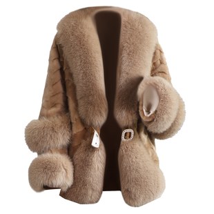 进口天鹅绒水貂毛大衣女2025冬新OL狐狸毛领拼貂皮草加厚羽绒外套