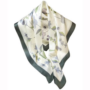 春秋白色印花真丝丝巾大方巾90x90桑蚕丝围巾百搭杭州丝绸披肩女