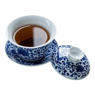 景德镇手绘青花瓷三才盖碗泡茶茶杯陶瓷大号缠枝莲茶碗敬茶杯单个