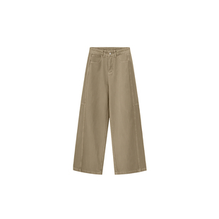 美式复古卡其色直筒牛仔裤女秋冬加绒胖妹妹mm高腰宽松显瘦阔腿裤