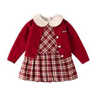 班喜迪女童连衣裙春装儿童加绒小香风套装裙子宝宝周岁礼服拜年服