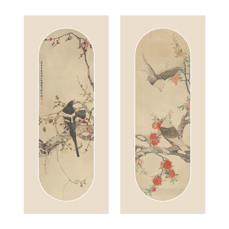 古风国画花鸟衣柜翻新贴纸素雅米色三联画柜门贴自粘防水推拉门贴