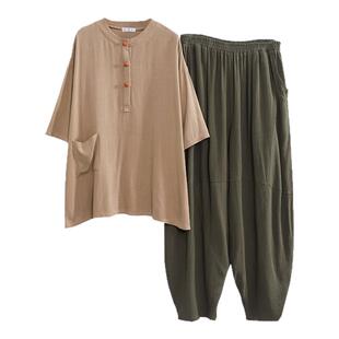 禅意服睡衣女款大码春夏棉麻素衣胖mm圆领宽松新中式居士服200斤