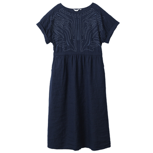 布符24夏季新款蓝格子连肩刺绣连衣裙经典复古风格简洁大方女裙