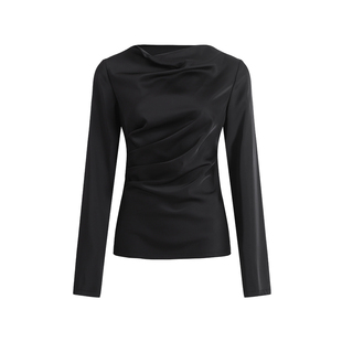 NON RESTRAIN法式高级缎面荡领T恤女设计感捏褶收腰显瘦长袖上衣