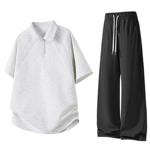 NASA WASSUP白花灰液态空气棉短袖男款夏季新款boxy版型t恤衫套装