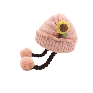 秋冬季宝宝帽子护耳毛线针织可爱假发辫子婴幼儿套头保暖超萌防风