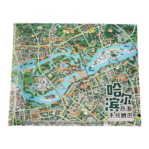 哈尔滨手绘地图旅游纪念攻略景点打卡礼品物精美创意插画文艺收藏