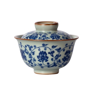 善窑厂李善明大师汝窑手绘青花缠枝莲天青色景德镇汝瓷盖碗泡茶碗