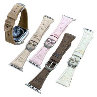 适用applewatchS11卡通小狗翻毛绒皮表带iWatch10/98苹果手表kitty猫秋冬女SE高级ultra印花小蛮腰毛呢皮腕带